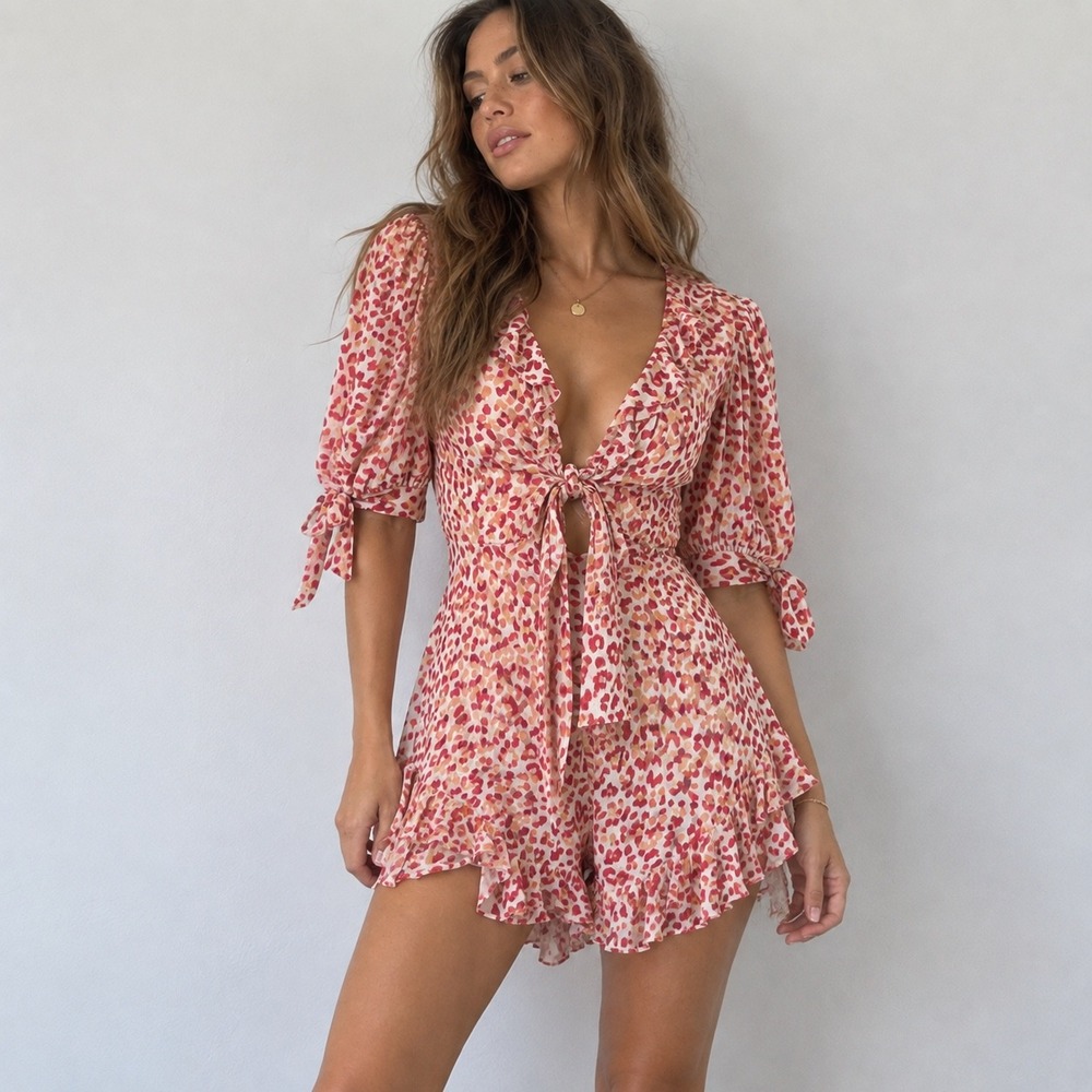 Petal & Pup Pink Quay Leopard Romper Tie Front Cutout Size 6 Boho Fairy Coquette